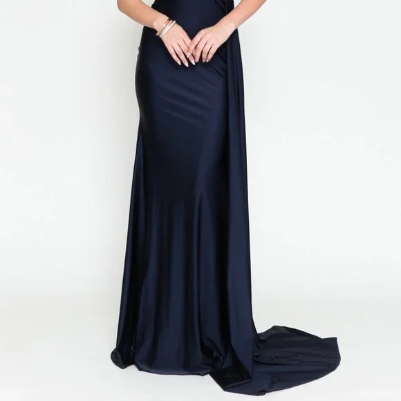 NEW NAVY LONG ONE SHOULDER FOR SPECIAL OCCASION GOWN WITH ZIPPER BACK AC387